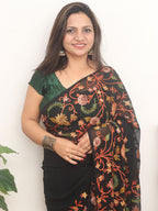 Black Embroidered Kashmiri Aari Work Georgette Saree - Luxurion World
