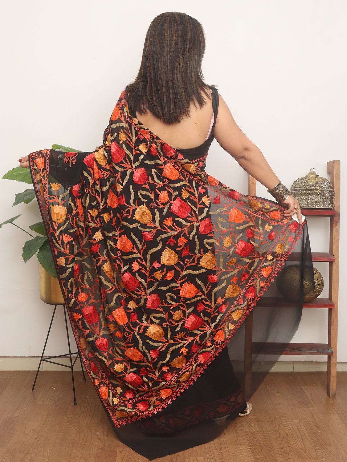 Black Embroidered Kashmiri Aari Work Georgette Saree - Luxurion World