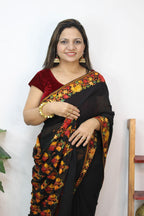 Black Embroidered Kashmiri Aari Work Georgette Saree - Luxurion World