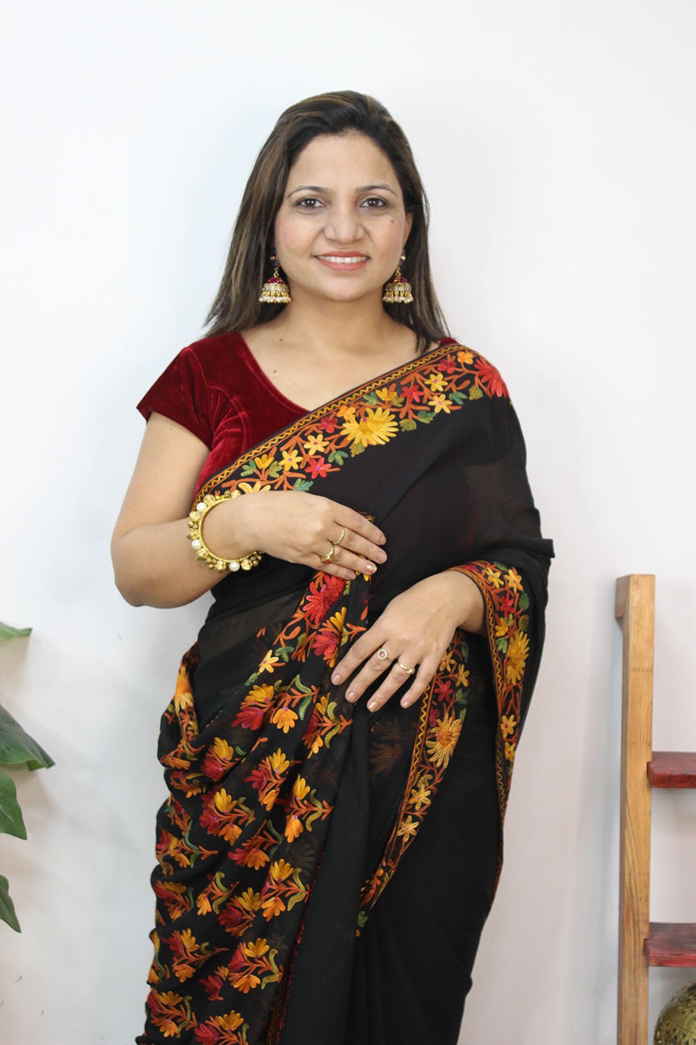 Black Embroidered Kashmiri Aari Work Georgette Saree - Luxurion World