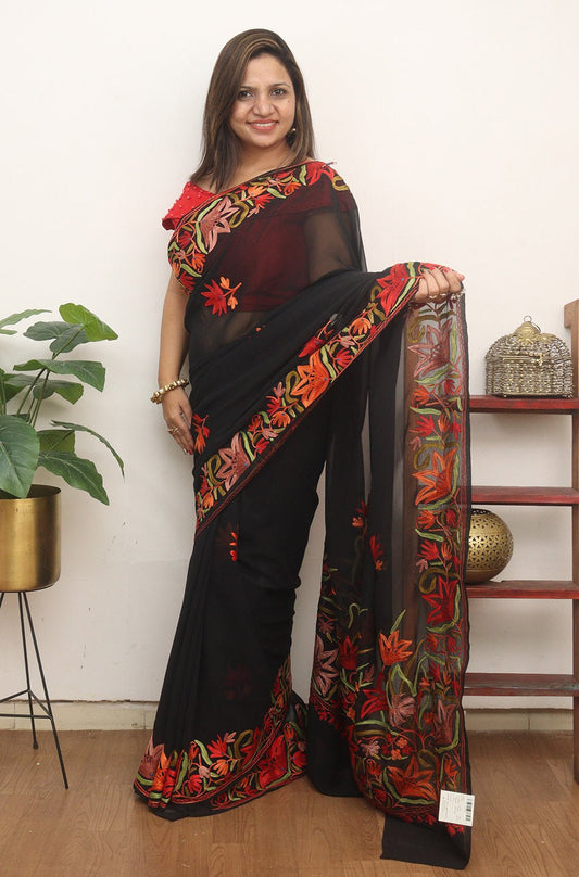 Black Embroidered Kashmiri Aari Work Georgette Saree - Luxurion World