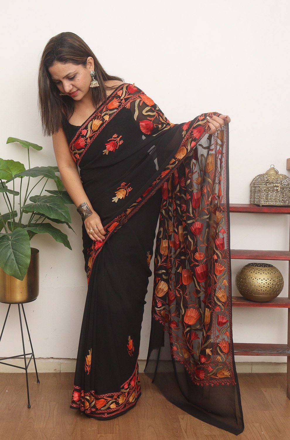 Black Embroidered Kashmiri Aari Work Georgette Saree - Luxurion World