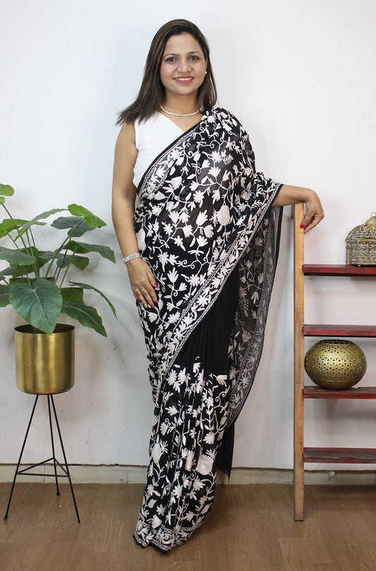Black Embroidered Kashmiri Aari Work Georgette Saree - Luxurion World
