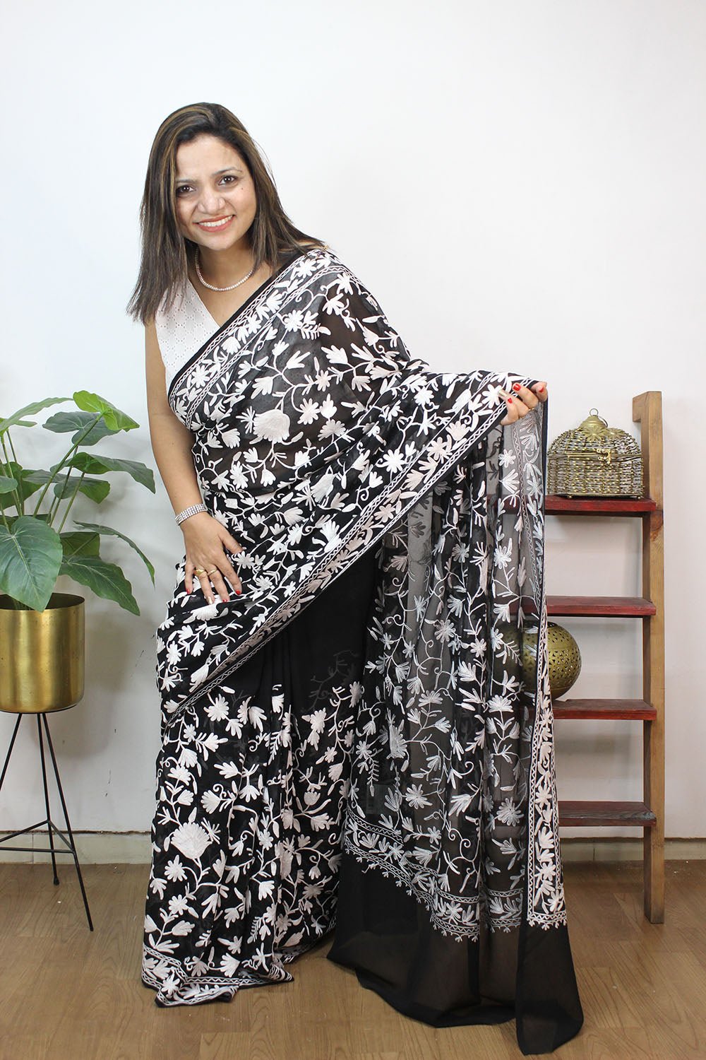 Black Embroidered Kashmiri Aari Work Georgette Saree - Luxurion World