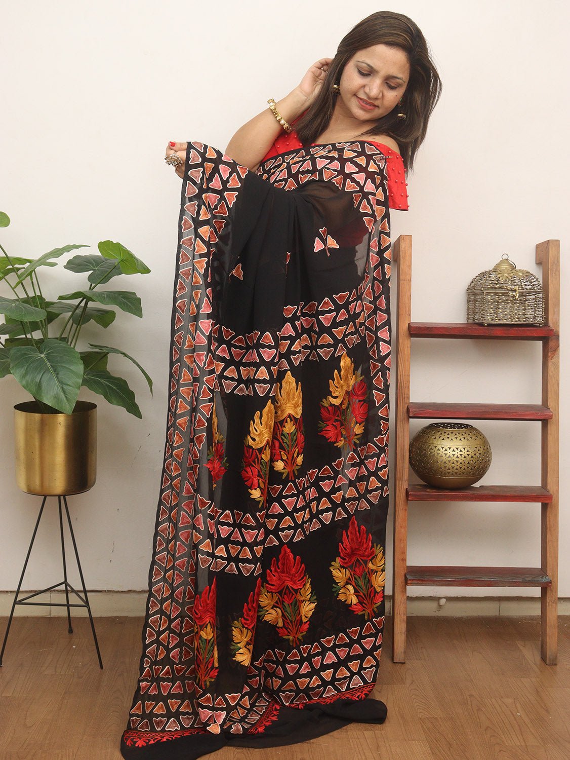 Black Embroidered Kashmiri Aari Work Georgette Saree - Luxurion World