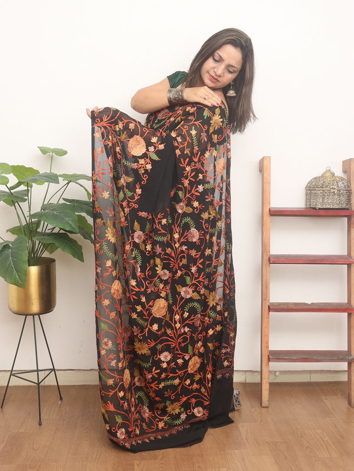 Black Embroidered Kashmiri Aari Work Georgette Saree - Luxurion World
