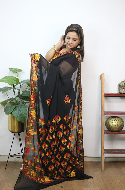 Black Embroidered Kashmiri Aari Work Georgette Saree - Luxurion World