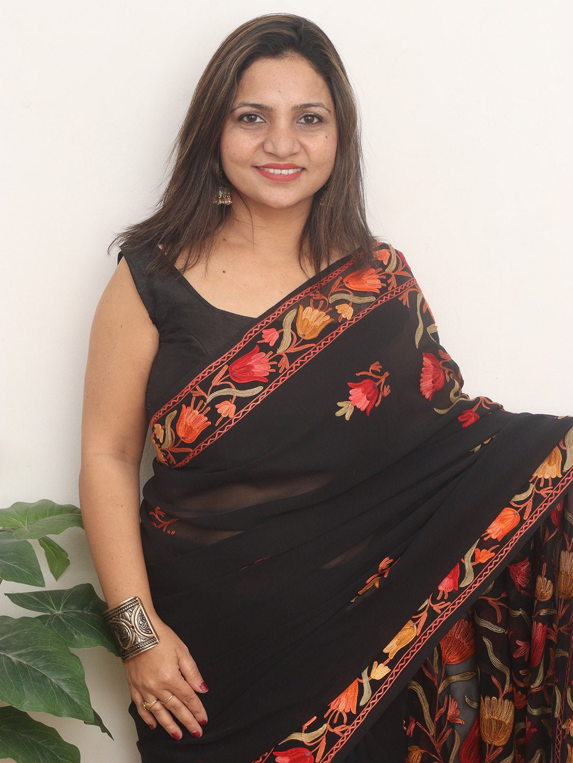 Black Embroidered Kashmiri Aari Work Georgette Saree - Luxurion World