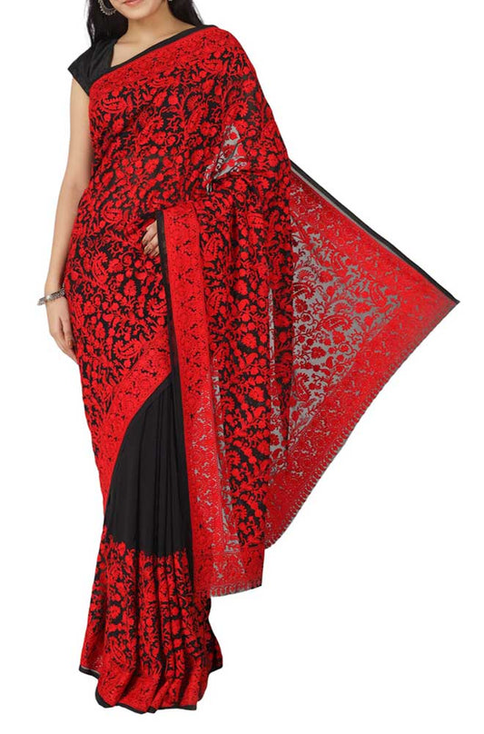 Black Embroidered Kashmiri Aari Work Georgette Saree - Luxurion World