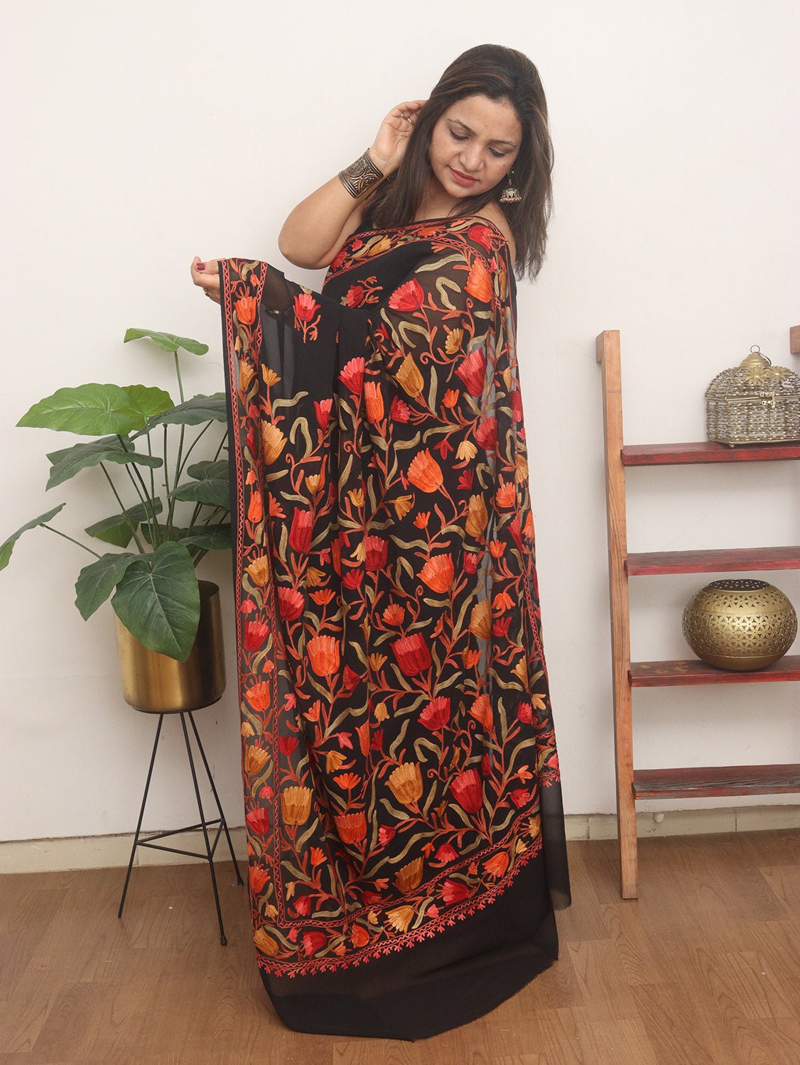 Black Embroidered Kashmiri Aari Work Georgette Saree - Luxurion World