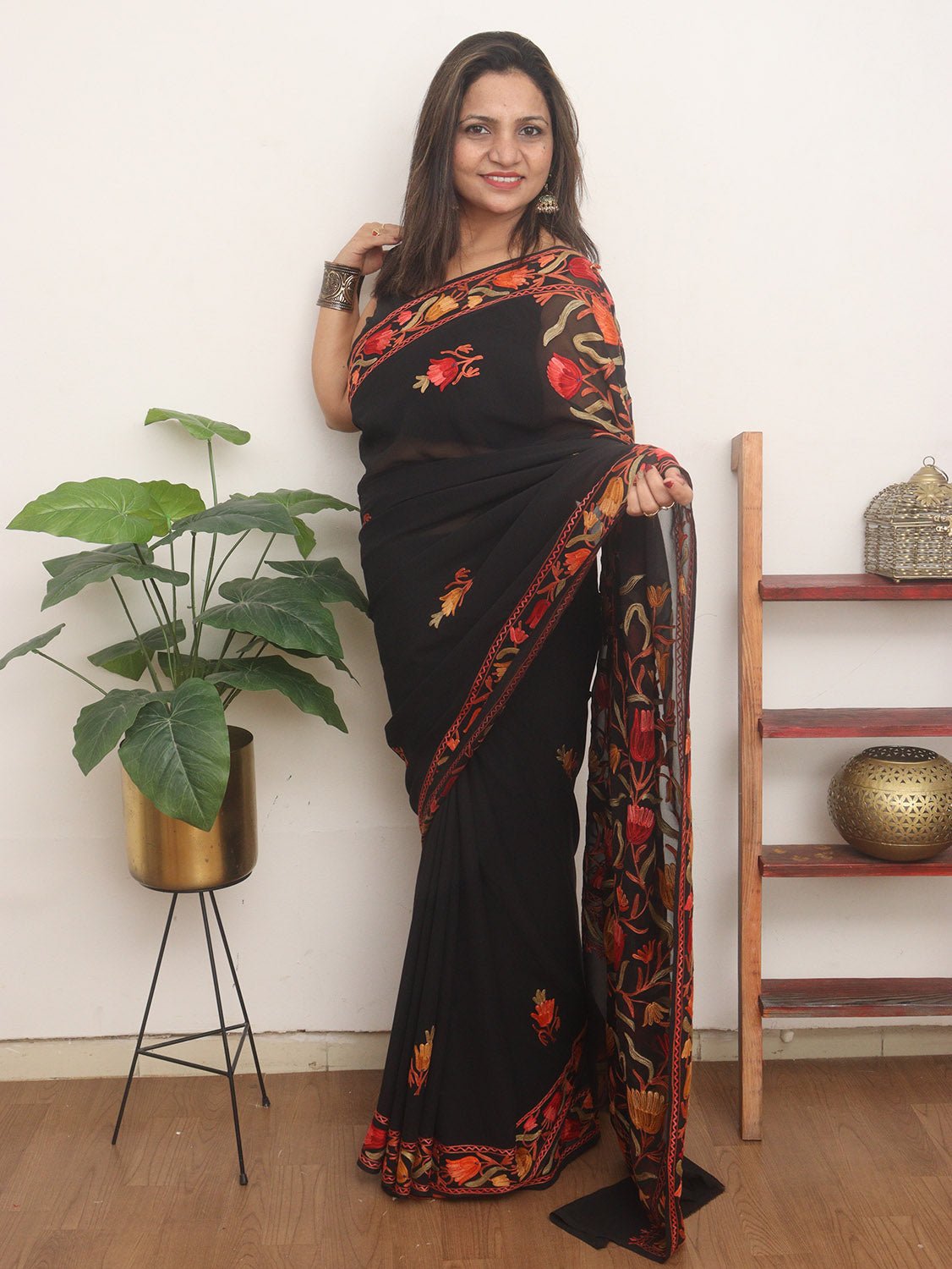 Black Embroidered Kashmiri Aari Work Georgette Saree - Luxurion World
