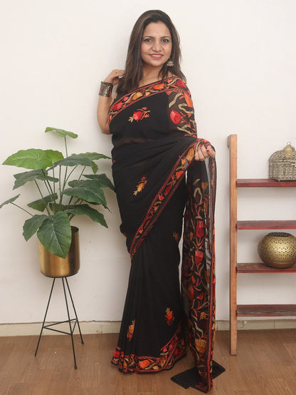 Black Embroidered Kashmiri Aari Work Georgette Saree - Luxurion World