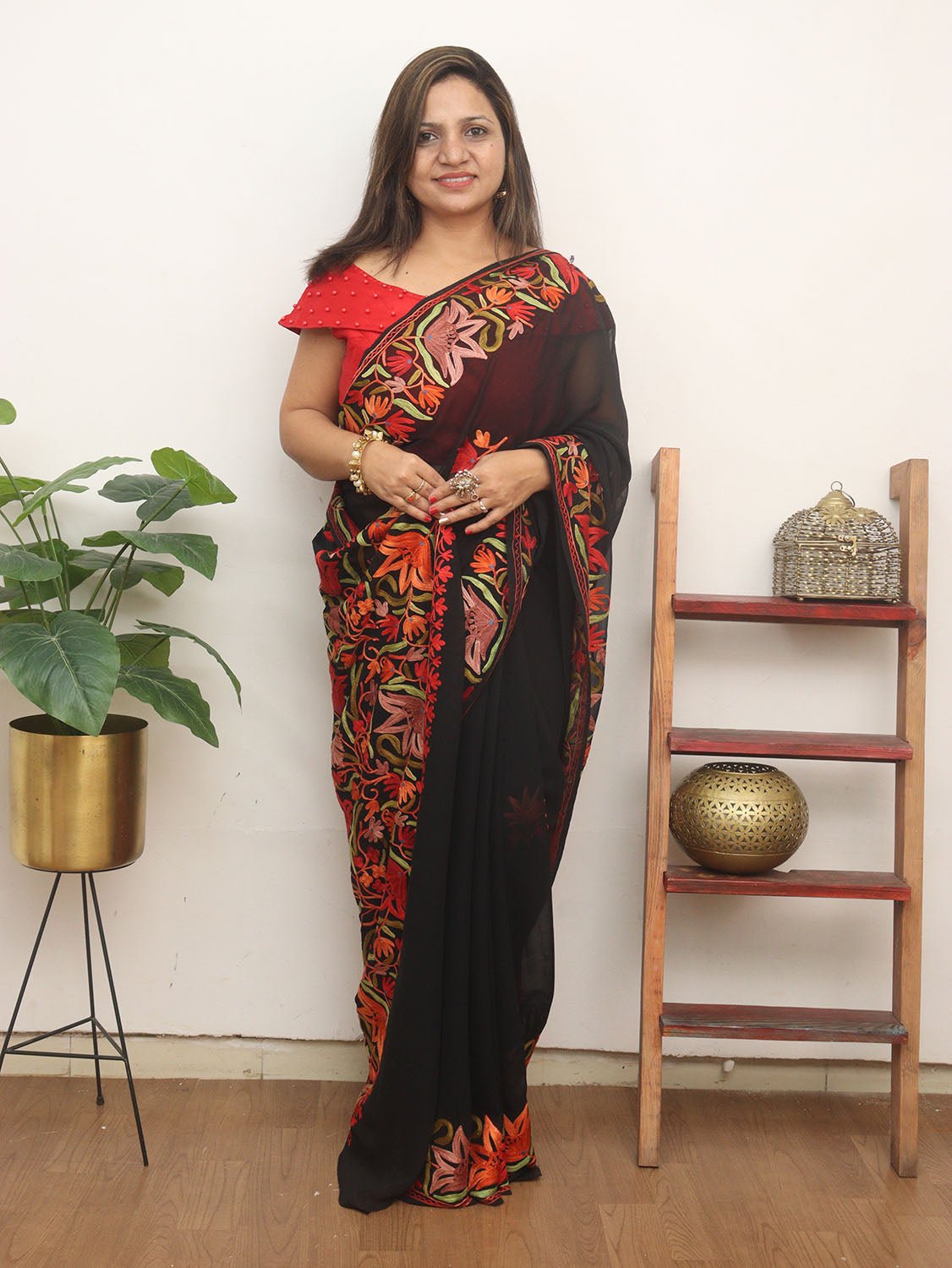 Black Embroidered Kashmiri Aari Work Georgette Saree - Luxurion World