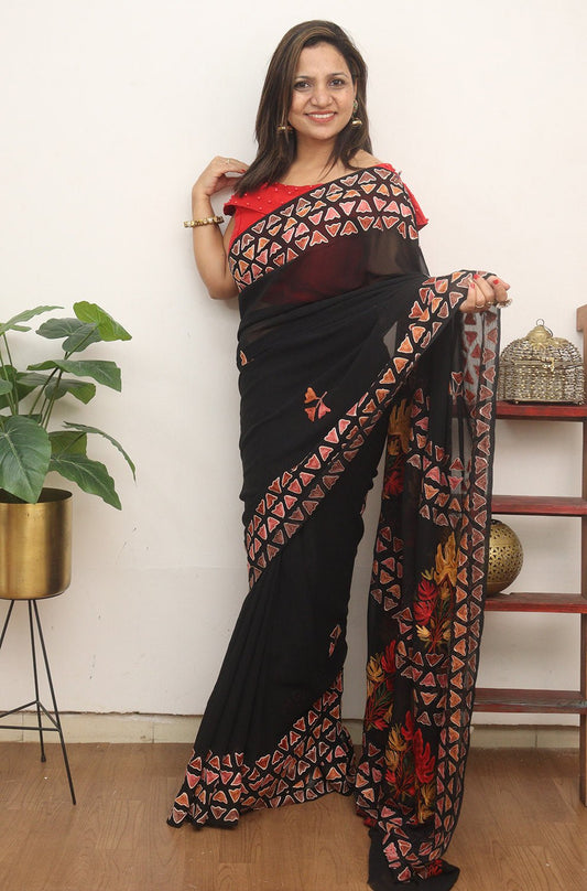Black Embroidered Kashmiri Aari Work Georgette Saree - Luxurion World