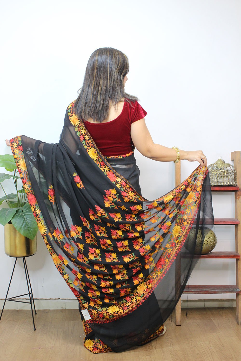 Black Embroidered Kashmiri Aari Work Georgette Saree - Luxurion World