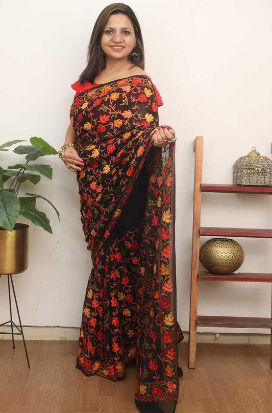 Black Embroidered Kashmiri Aari Work Georgette Saree - Luxurion World