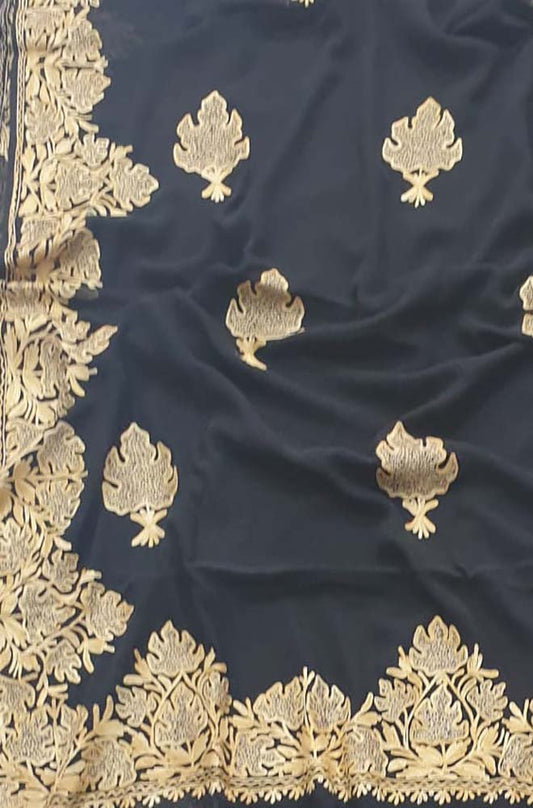 Black Embroidered Kashmiri Aari Work Georgette Saree - Luxurion World