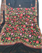 Black Embroidered Kashmiri Aari Work Georgette Saree - Luxurion World