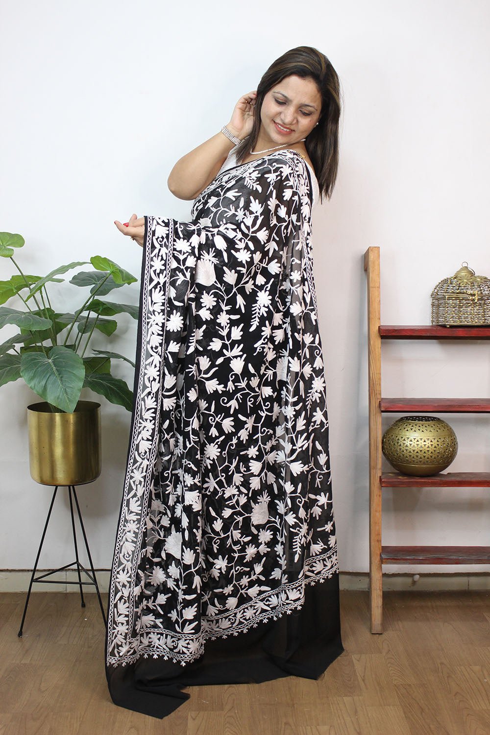 Black Embroidered Kashmiri Aari Work Georgette Saree - Luxurion World
