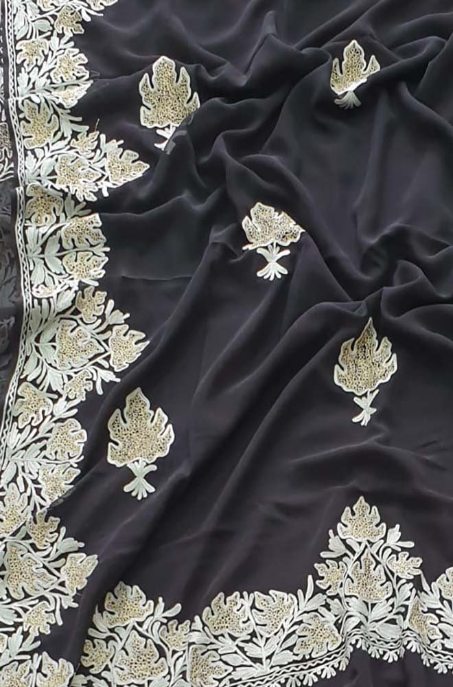 Black Embroidered Kashmiri Aari Work Georgette Saree - Luxurion World