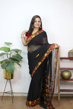 Black Embroidered Kashmiri Aari Work Georgette Saree - Luxurion World