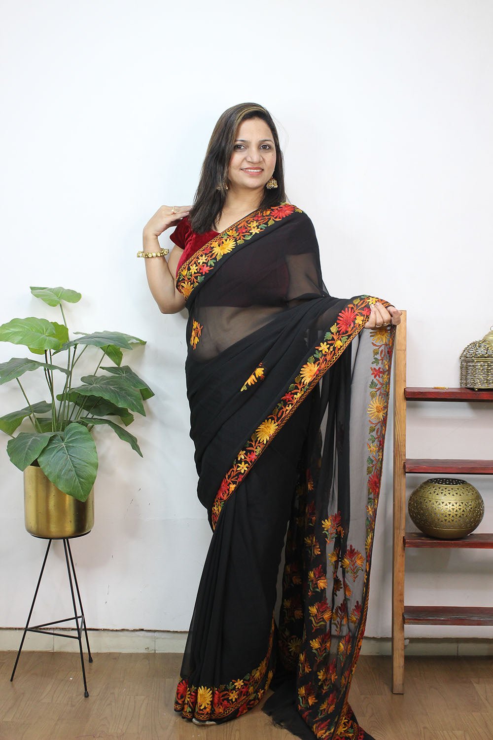 Black Embroidered Kashmiri Aari Work Georgette Saree - Luxurion World