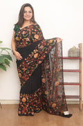 Black Embroidered Kashmiri Aari Work Georgette Saree - Luxurion World