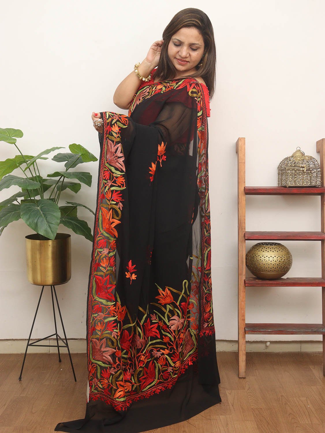 Black Embroidered Kashmiri Aari Work Georgette Saree - Luxurion World