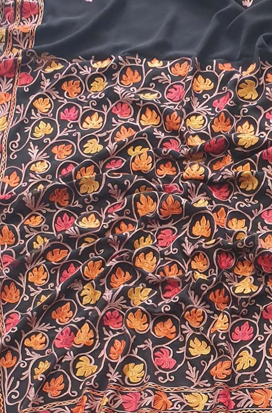 Black Embroidered Kashmiri Aari Work Georgette Saree - Luxurion World