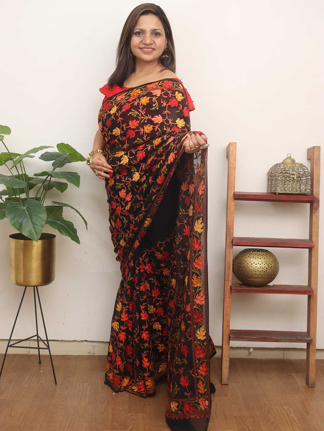 Black Embroidered Kashmiri Aari Work Georgette Saree - Luxurion World