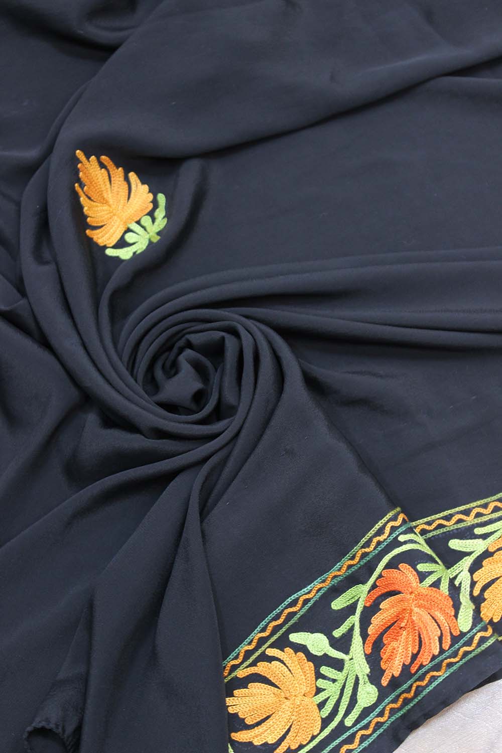 Black Embroidered Kashmiri Crepe Aari Work Saree - Luxurion World