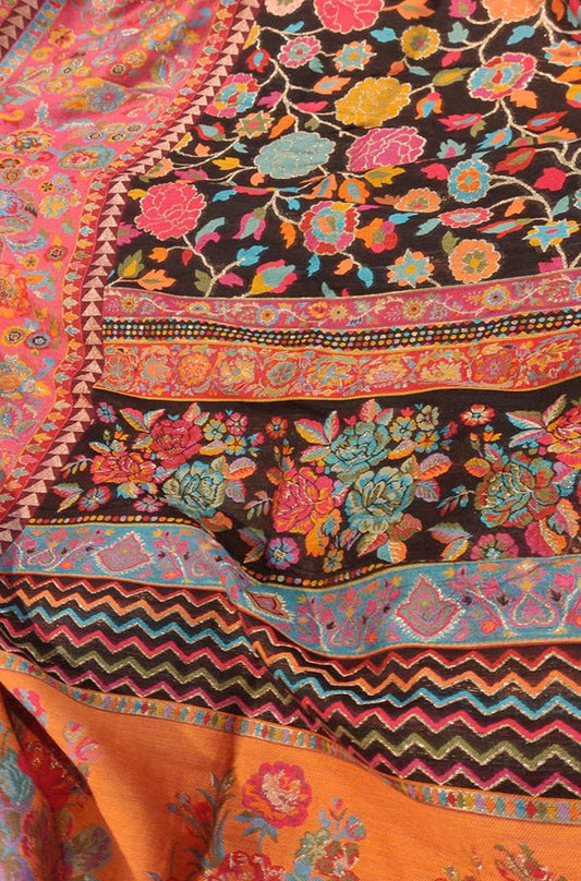 Black Embroidered Kashmiri Kani Work Pure Silk Saree - Luxurion World