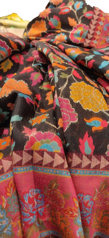 Black Embroidered Kashmiri Kani Work Pure Silk Saree - Luxurion World