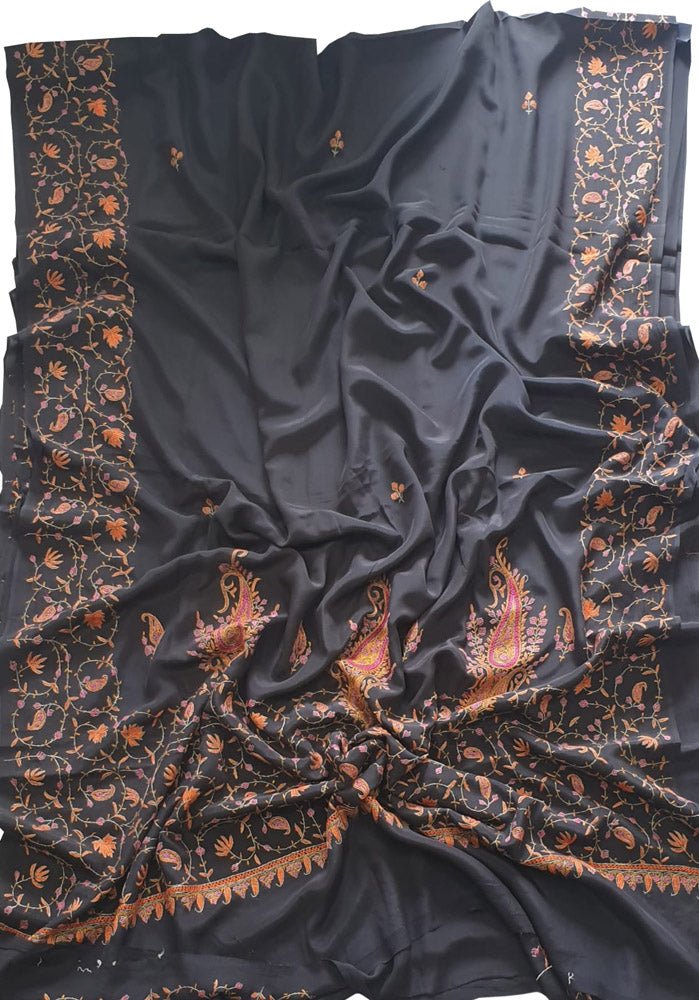 Black Embroidered Kashmiri Sozni Work Crepe Flower Design Saree - Luxurion World