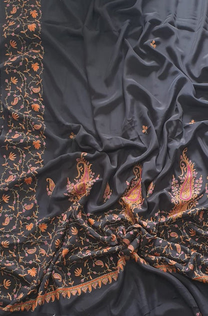 Black Embroidered Kashmiri Sozni Work Crepe Flower Design Saree