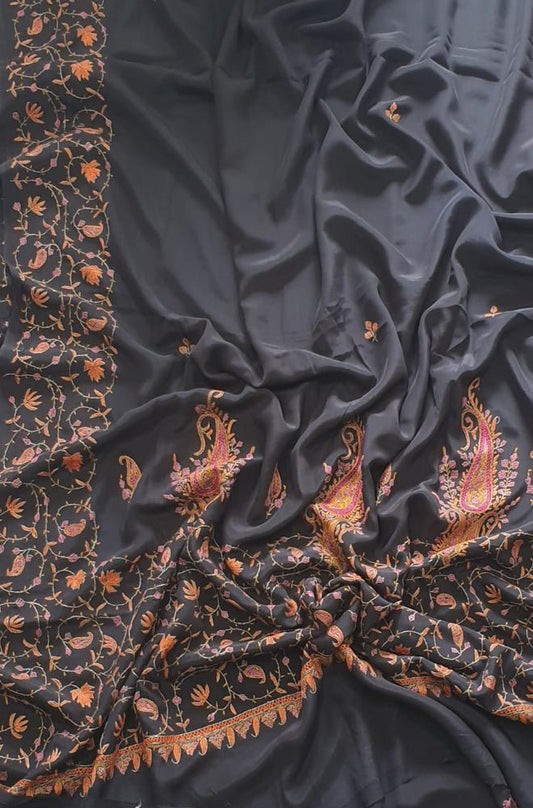Black Embroidered Kashmiri Sozni Work Crepe Flower Design Saree - Luxurion World