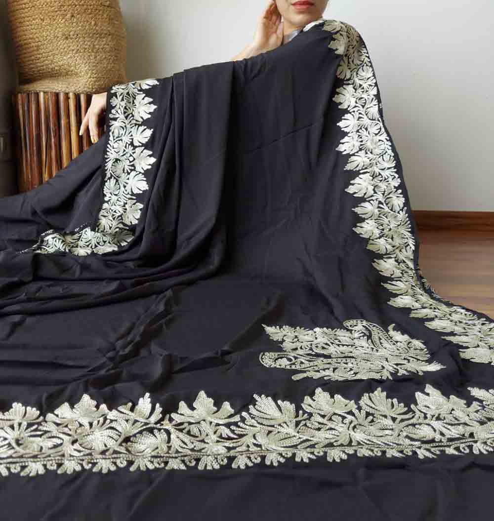 Black Embroidered Kashmiri Tilla Work Crepe Floral Design SareeLuxurionworld