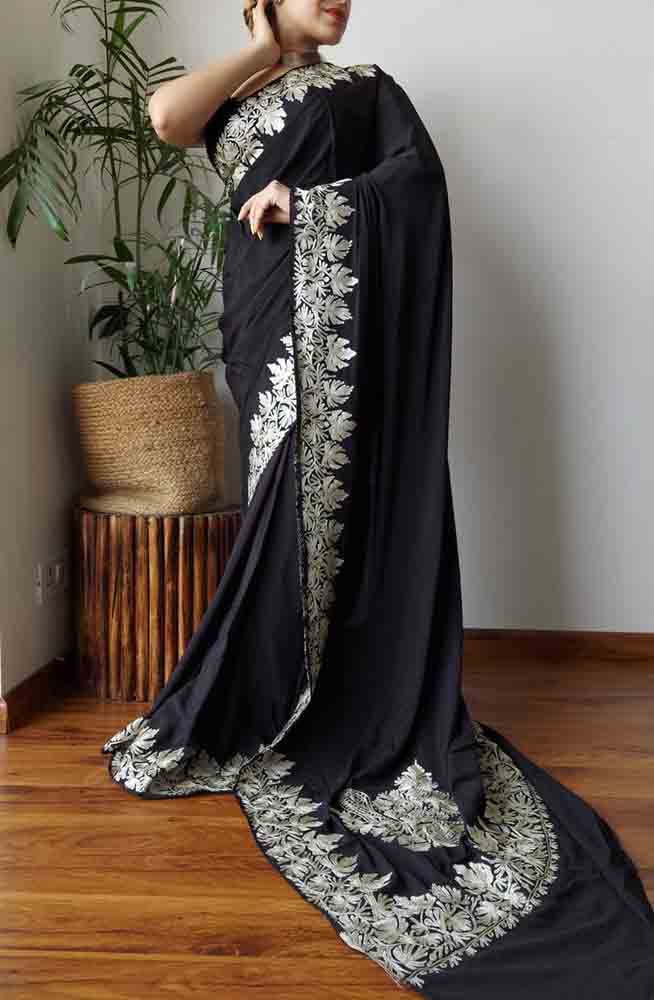 Black Embroidered Kashmiri Tilla Work Crepe Floral Design SareeLuxurionworld