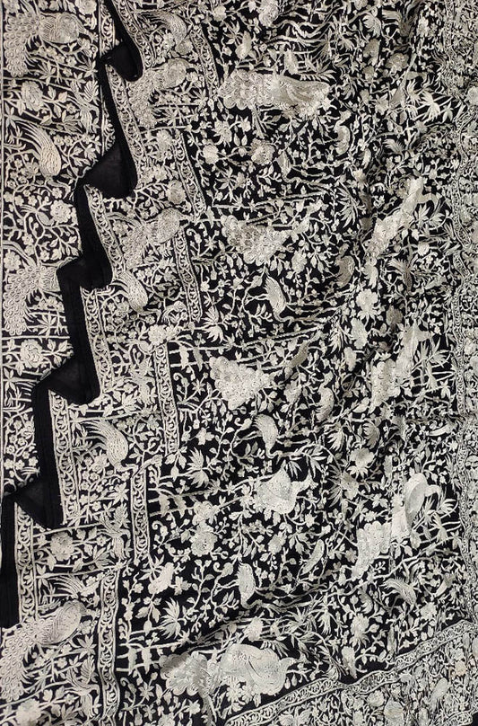 Black Embroidered Parsi Gara Georgette Floral And Bird Design Saree - Luxurion World