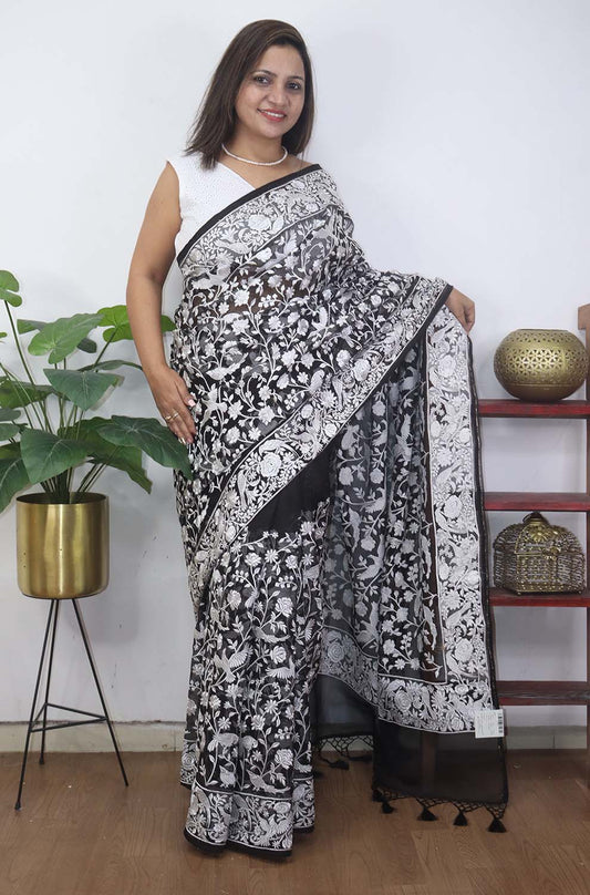 Black Embroidered Parsi Gara Organza Bird And Floral Design Saree - Luxurion World