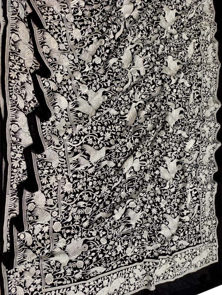 Black Embroidered Parsi Gara Pure Georgette Floral And Bird Design Saree - Luxurion World