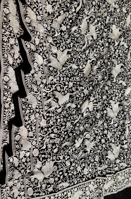 Black Embroidered Parsi Gara Pure Georgette Floral And Bird Design Saree - Luxurion World