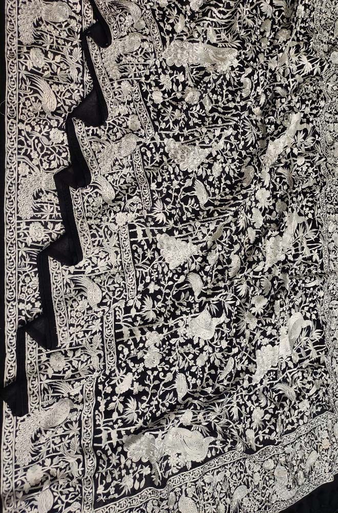 Black Embroidered Parsi Gara Pure Georgette Floral And Bird Design Saree - Luxurion World
