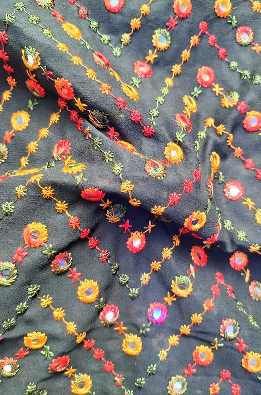 Black Embroidered Trendy Georgette Foil Mirror Work Fabric ( 1 Mtr )