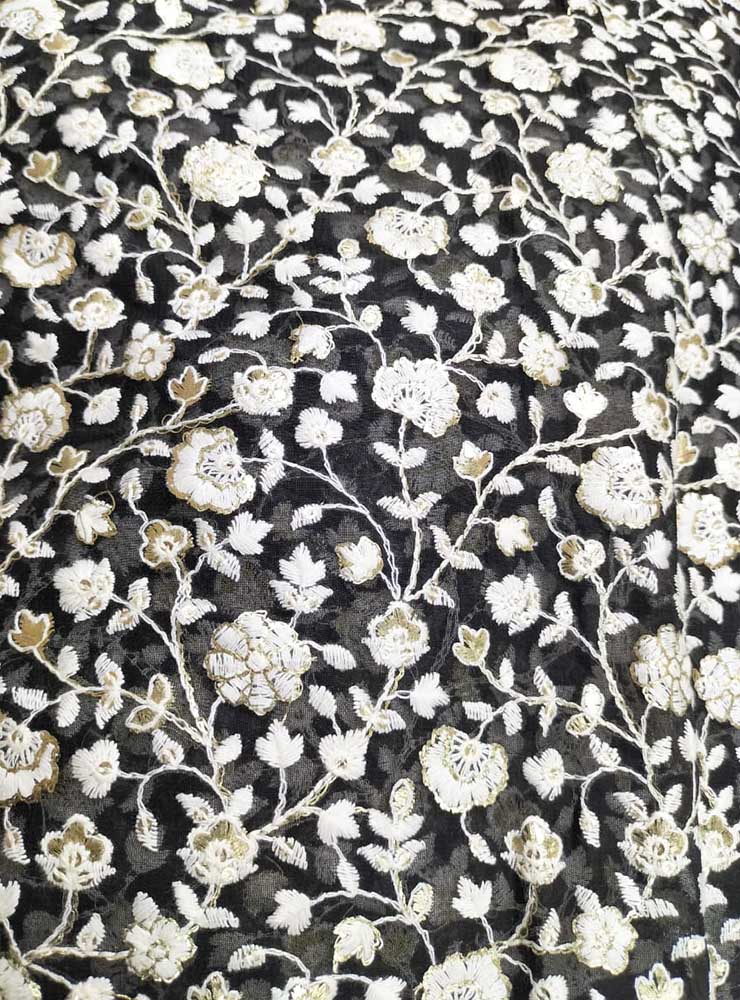 Black Embroidered Trendy Georgette Sequins Work Fabric ( 1 Mtr ) - Luxurion World
