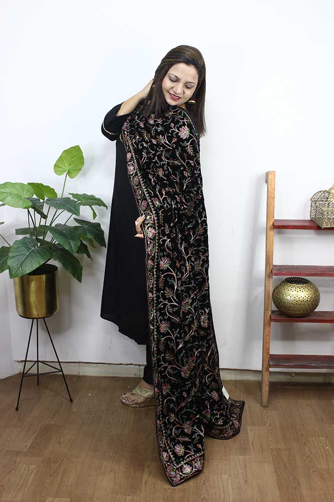 Black Embroidered Trendy Velvet Dupatta - Luxurion World