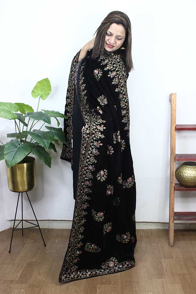 Black Embroidered Trendy Velvet Dupatta - Luxurion World