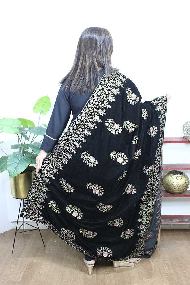 Black Embroidered Trendy Velvet Dupatta - Luxurion World