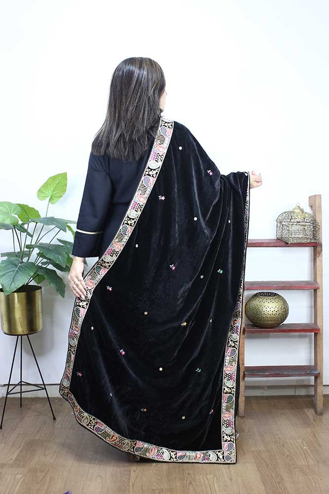 Black Embroidered Trendy Velvet Dupatta - Luxurion World