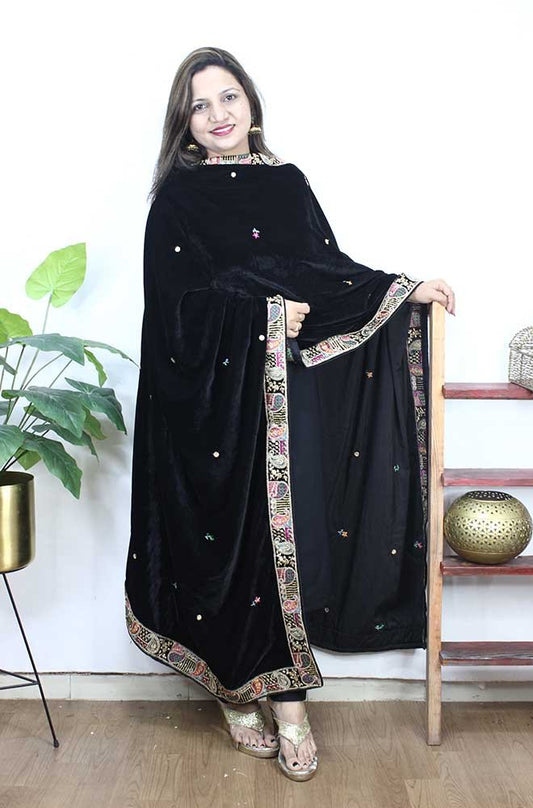 Black Embroidered Trendy Velvet Dupatta - Luxurion World